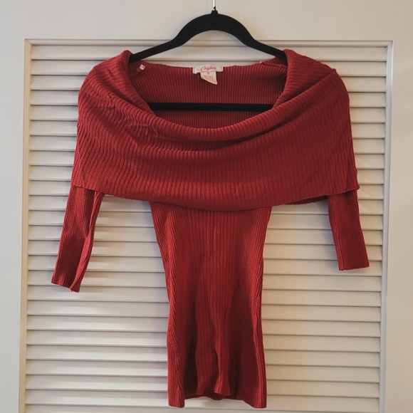 Candie's- Red Cowl-Neckline Off-Shoulder Ribbed Top - Picture 1 of 6
